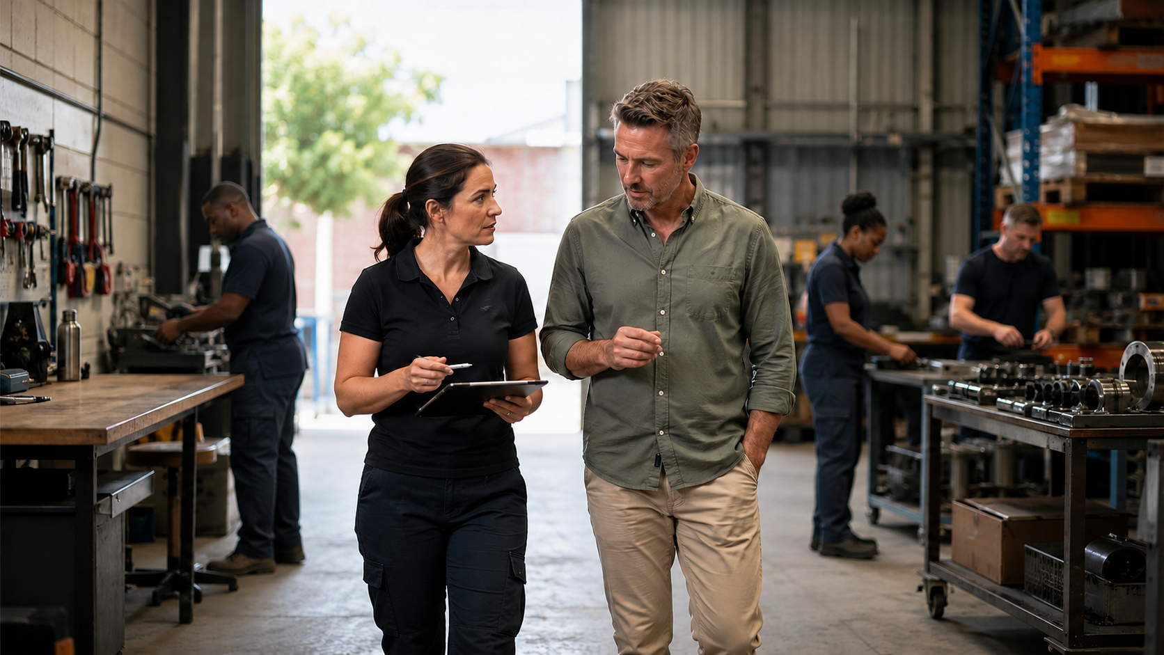 Operations lead walking the workshop floor with a client